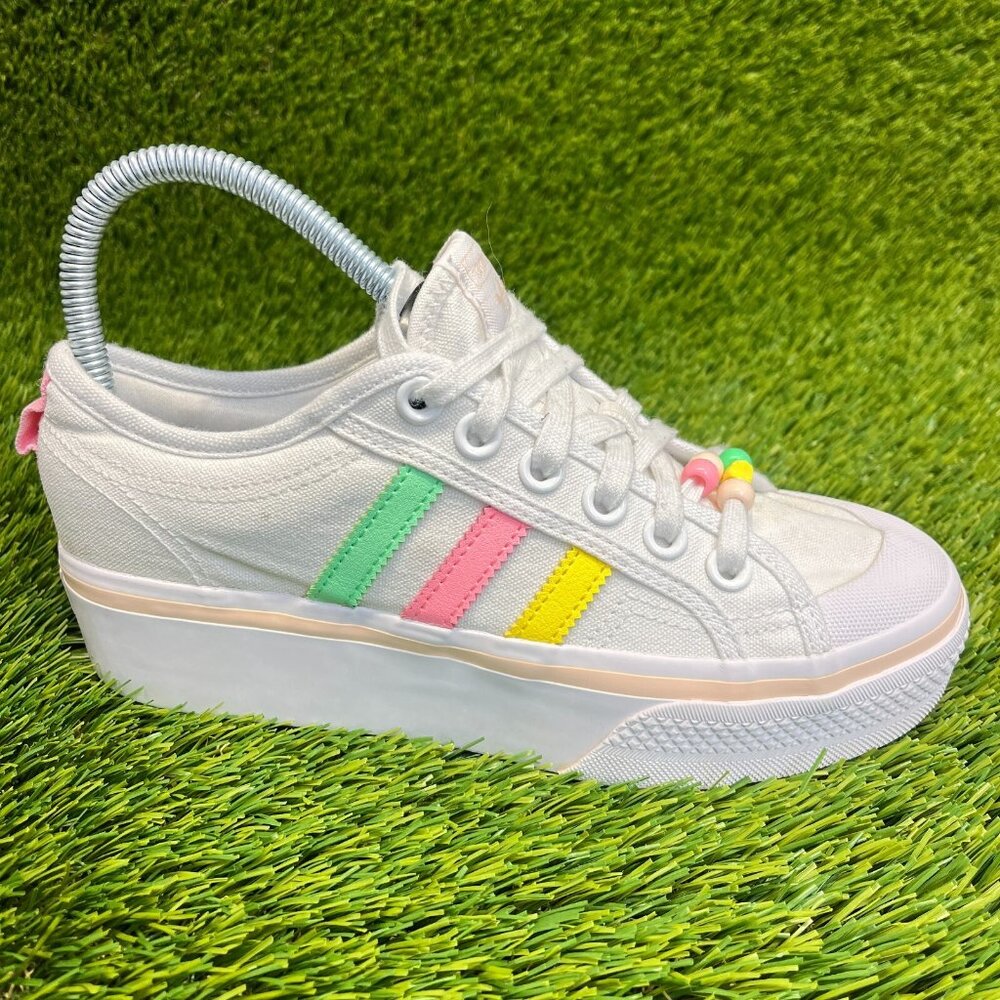 Adidas Nizza Platform Low Boys Size 5Y White Yellow Pink Athletic Shoes Sneakers